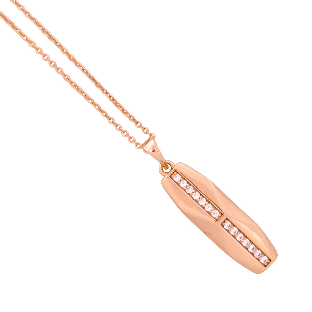 Close-up of the faceted bar pendant and pavé detail