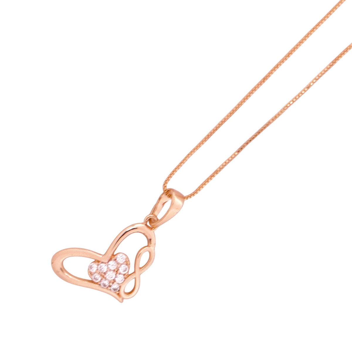 Close-up of the heart-and-infinity pendant detail