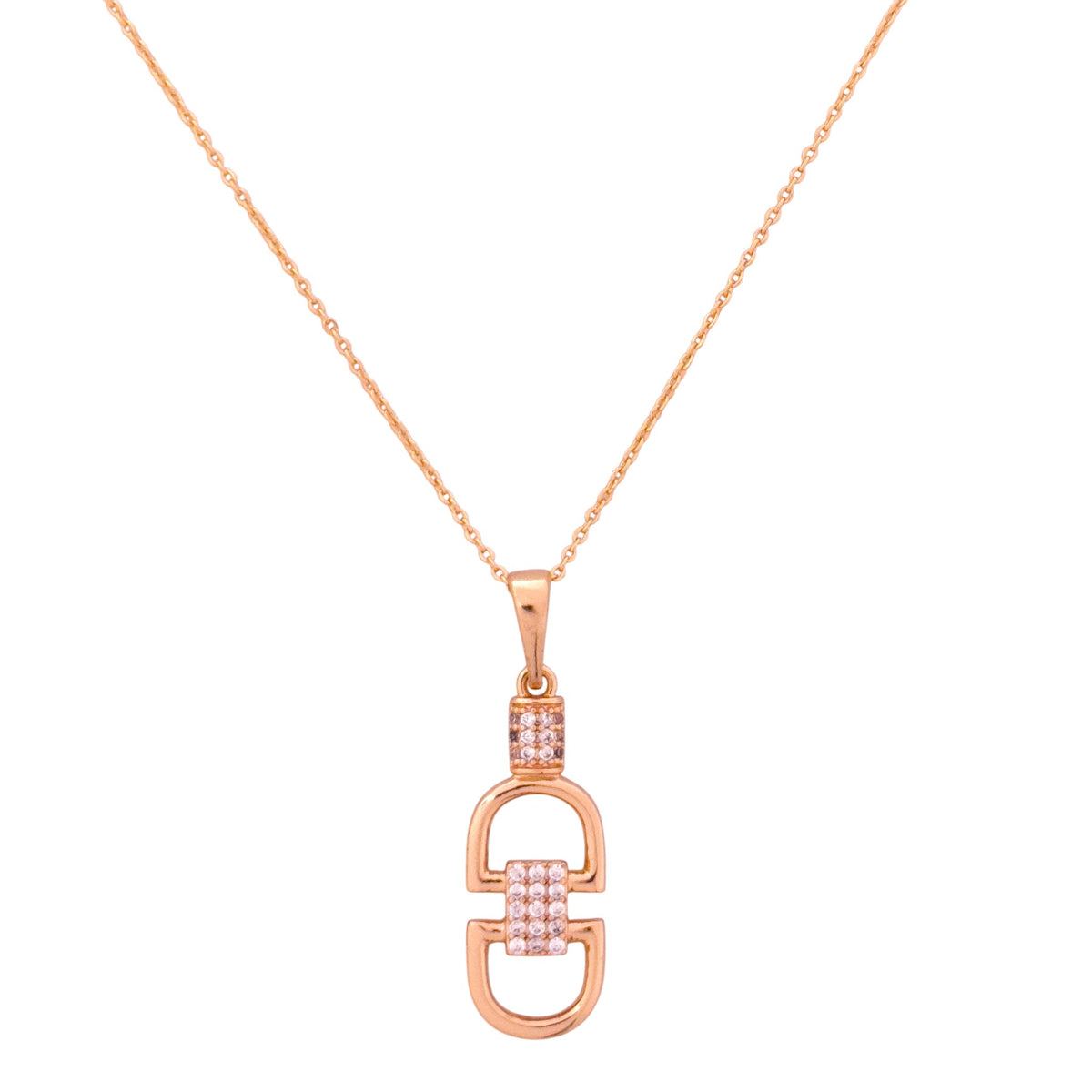 Gold-plated pendant necklace with interlocking open links and pavé connectors on a white background