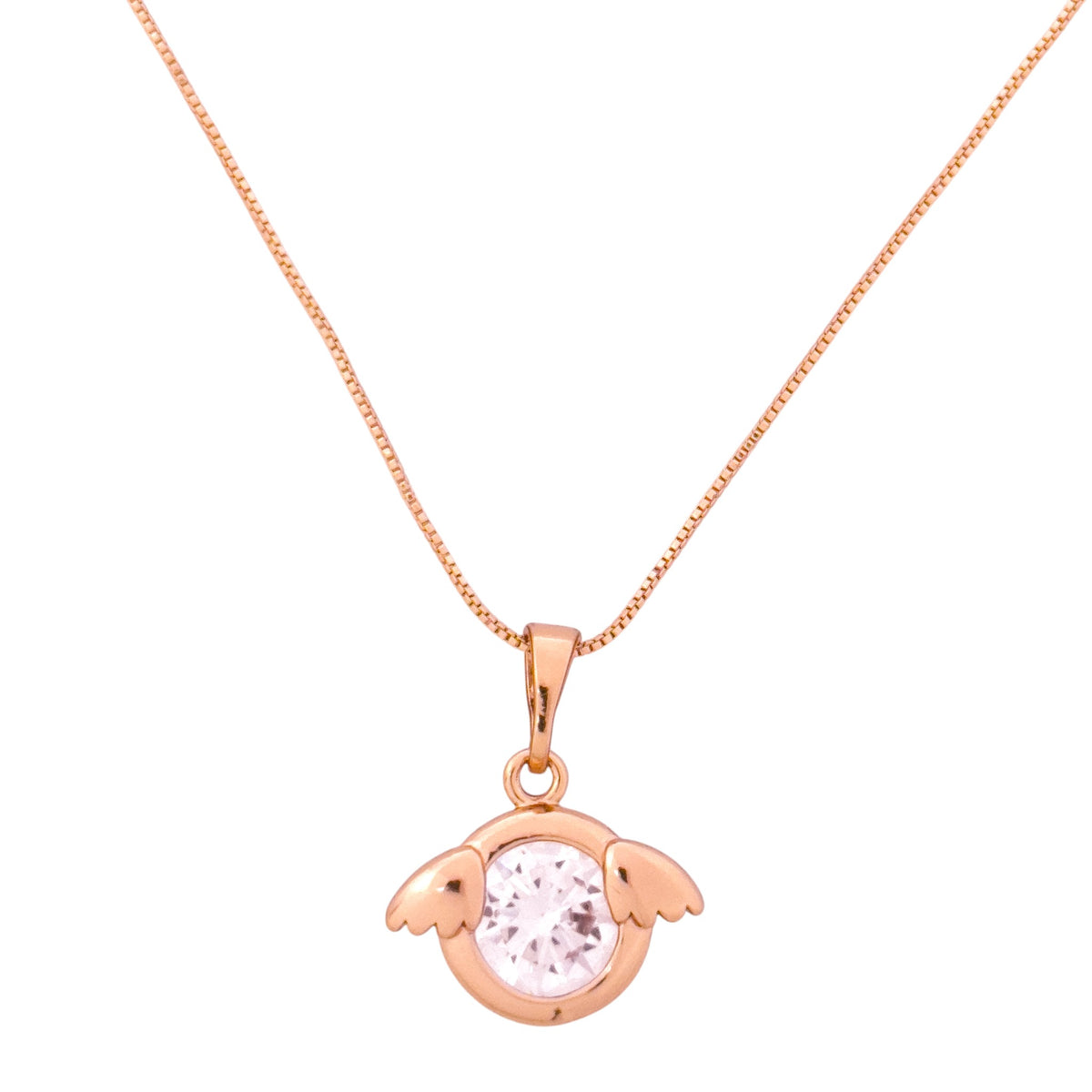 Gold-plated necklace with a winged round stone pendant on a white background