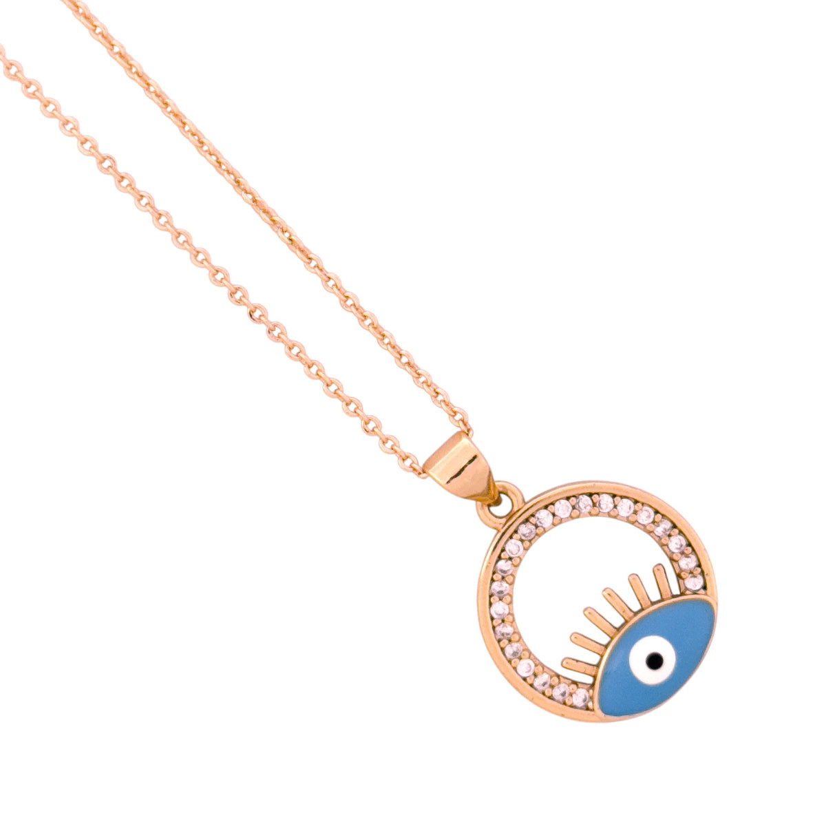 Close-up of the evil eye pendant in a pavé circle frame