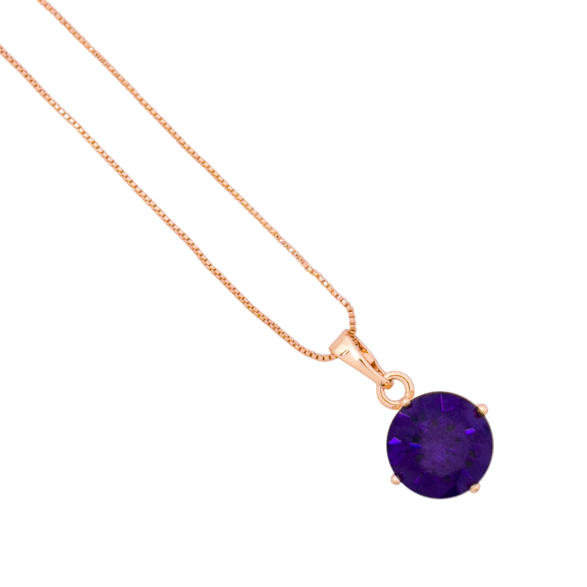 Close-up of the round purple stone pendant detail