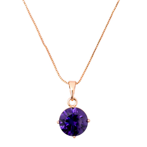 Gold-plated necklace with a round purple stone pendant on a white background