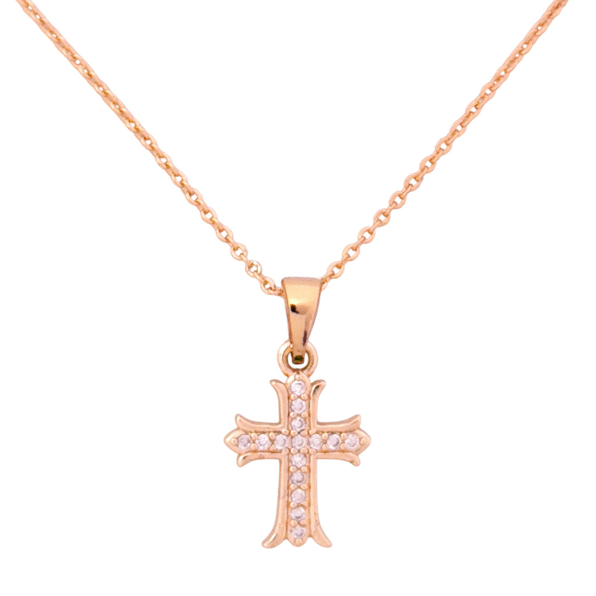 18k gold cross pendant necklace with pavé detailing on a white background