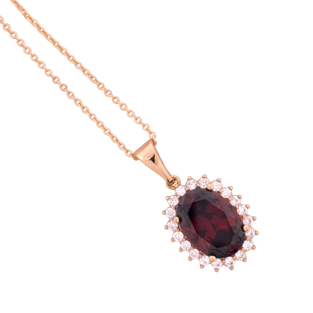 Close-up of the oval pendant with pavé halo detail