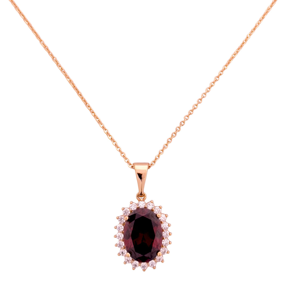 18k gold necklace with an oval red stone pendant and pavé halo on a white background