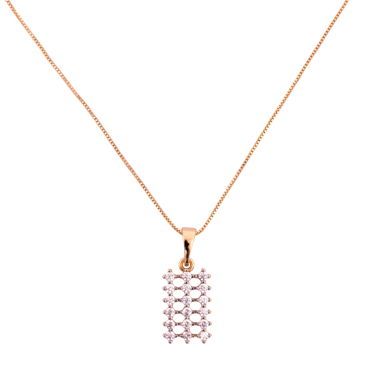 Rectangular lattice pavé pendant necklace in 18K yellow gold plating on a fine box chain – flat product shot