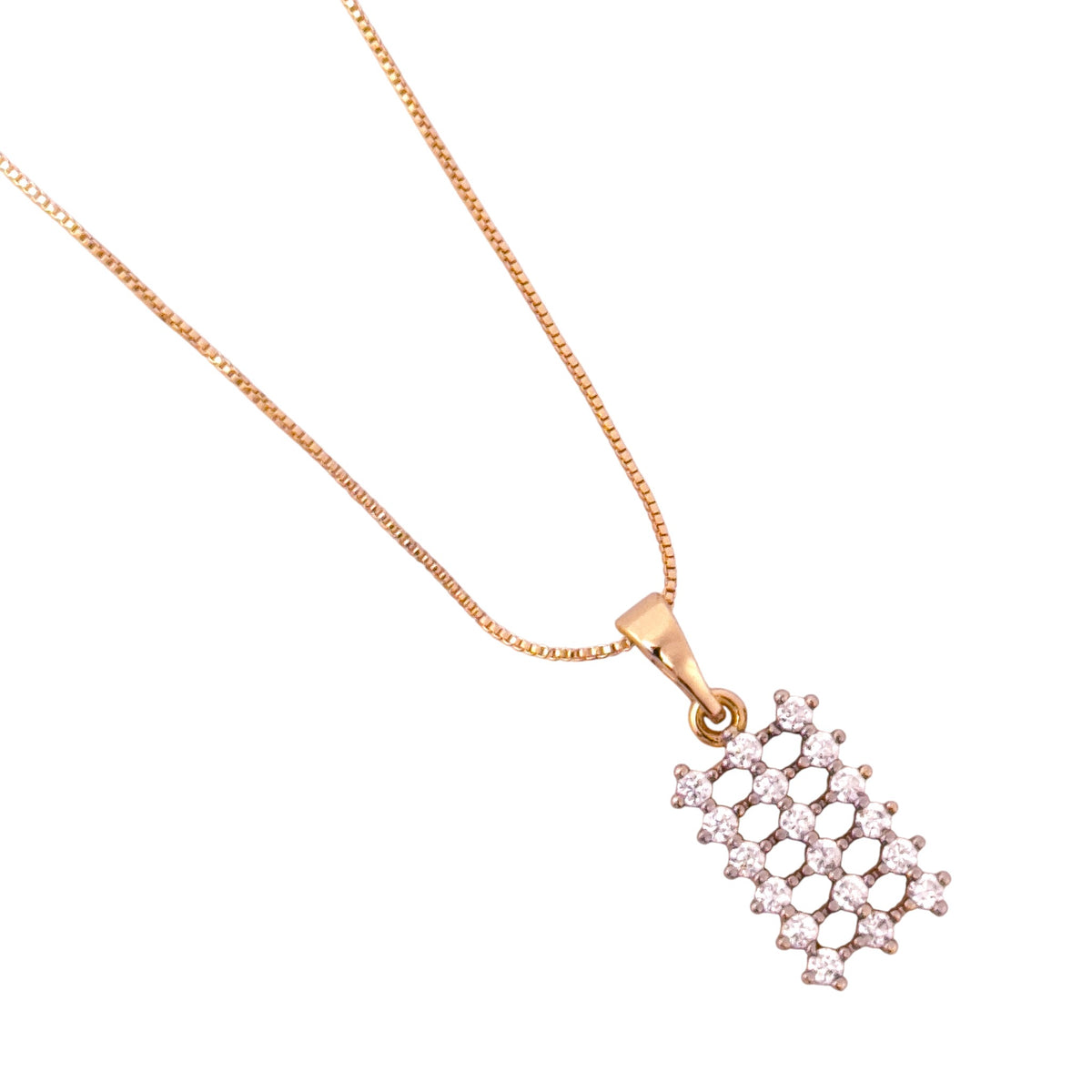 Rectangular lattice pavé pendant necklace shown at an angle highlighting the openwork grid and stone sparkle